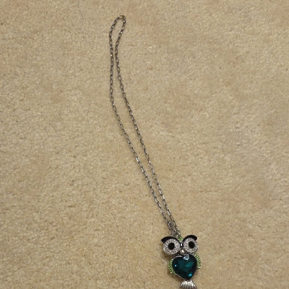 Silver Tone and Green Large Owl Gemstone Pendant Abd Chain Necklace